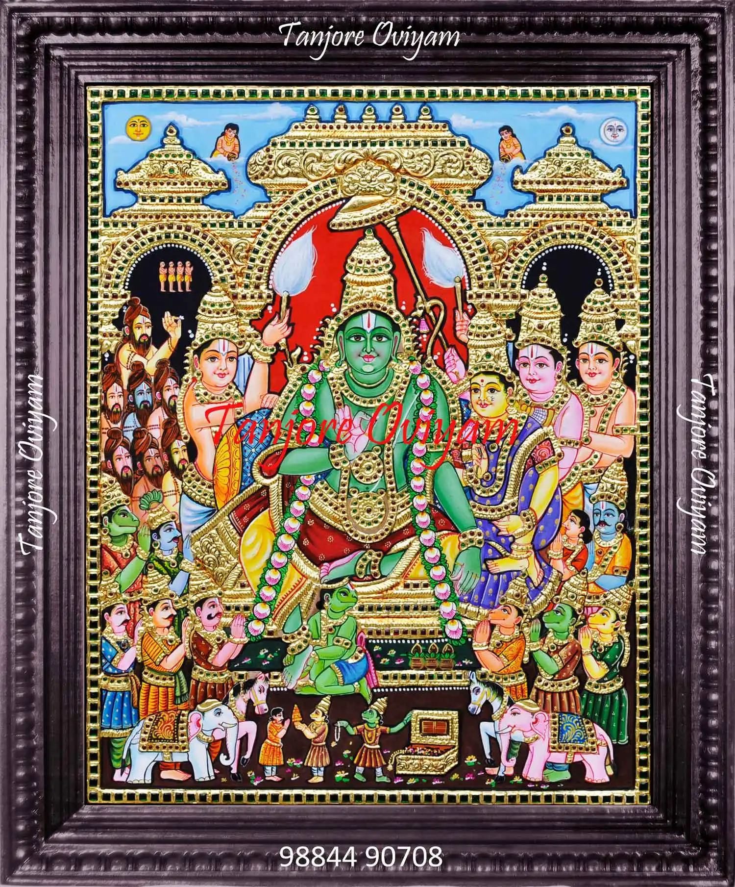 Handcrafted Ramar Pattabishegam Tanjore Painting depicting the coronation of Lord Rama and Sita in vibrant temple-style artwork with gold foil detailing
